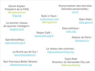Daniel Kaplan  
Président de la FING
@kaplandaniel 
fing.org
Le premier réseau  
de quartier intelligent : 
issygrid.com
Anonymisation des données  
Données personnelles :  
cnil.fr
Open-Data : 
data.gouv.fr
Dataviz de Paris :  
dataparis.io
Data politique :  
voxe.org
San Francisco Better Streets : 
sfbetterstreets.org
La Ruche qui dit Oui !
laruchequiditoui.fr
Le réseau des cantines :
leseaudescantines.org
OpenStreetMap : 
openstreetmap.fr
Repair Café : 
repaircafe.org/fr
Bulb in Town : 
bulbintown.com
@laingisland
Carlo Ratti  
Directeur du Senseable City Lab 
@SenseableCity
 
