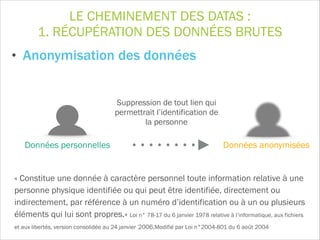 LE CHEMINEMENT DES DATAS :
1. RÉCUPÉRATION DES DONNÉES BRUTES
« Constitue une donnée à caractère personnel toute information relative à une
personne physique identifiée ou qui peut être identifiée, directement ou
indirectement, par référence à un numéro d’identification ou à un ou plusieurs
éléments qui lui sont propres.» Loi n° 78-17 du 6 janvier 1978 relative à l’informatique, aux fichiers
et aux libertés, version consolidée au 24 janvier 2006,Modifié par Loi n°2004-801 du 6 août 2004
Données personnelles Données anonymisées
Suppression de tout lien qui
permettrait l’identification de
la personne
• Anonymisation des données
 