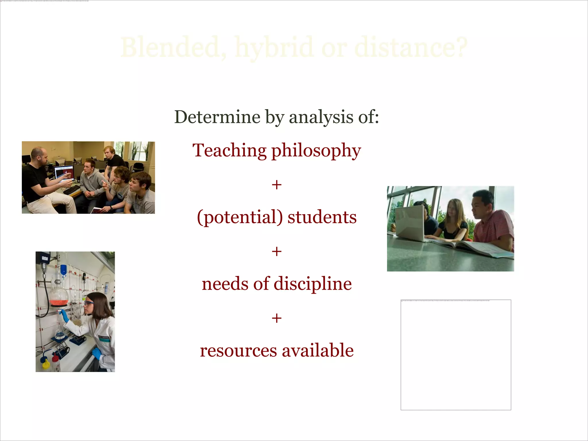 Blended, hybrid or distance?

    Determine by analysis of:
      Teaching philosophy
               +
      (potential) students
               +
       needs of discipline
               +
       resources available
 