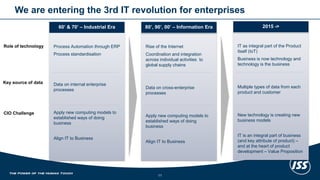 We are entering the 3rd IT revolution for enterprises 
11 
60’ & 70’ –Industrial Era 
Role of technology 
Key source of data 
CIO Challenge 
Process Automation through ERP 
Process standardisation 
Data on internal enterprise processes 
Apply new computing models to established ways of doing business 
Align IT to Business 
Rise of the Internet 
Coordination and integration across individual activities to global supply chains 
Data on cross-enterprise processes 
Apply new computing models to established ways of doing business 
Align IT to Business 
80’, 90’, 00’ –Information Era 
IT as integral part of the Product itself (IoT) 
Business is now technology and technology is the business 
Multiple types of data from each product and customer 
New technology is creating new business models 
IT is an integral part of business (and key attribute of product) – and at the heart of product development –Value Proposition 
2015 ->  