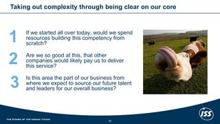 If we started all over today, would we spend resources building this competency from scratch? 
1 
Are we so good at this, that other companies would likely pay us to deliver this service? 
2 
Is this area the part of our business from where we expect to source our future talent and leaders for our overall business? 
3 
Taking out complexity through being clear on our core 
25 
 