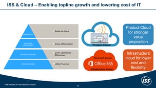 Product Cloud for stronger value proposition 
ISS & Cloud –Enabling topline growth and lowering cost of IT 
26 
Builds the future 
Drives Differentiation 
Drives Operational Efficiencies 
INFRASTRUCTURE 
SYSTEM OF RECORD 
SYSTEM OF ENGAGEMENT 
INNOVATION 
Utility IT service 
Product Cloud 
Infrastructure cloud for lower cost and flexibility 
InfrastructureCloud  