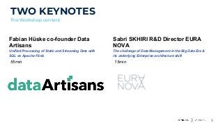 3
TWO KEYNOTES
The Workshop content
Fabian Hüske co-founder Data
Artisans
Unified Processing of Static and Streaming Data with
SQL on Apache Flink.
55min
Sabri SKHIRI R&D Director EURA
NOVA
The challenge of Data Management in the Big Data Era &
its underlying Enterprise architecture shift
15min
 