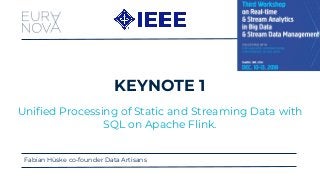 KEYNOTE 1
Unified Processing of Static and Streaming Data with
SQL on Apache Flink.
Fabian Hüske co-founder Data Artisans
 