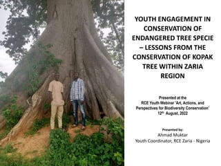 YOUTH ENGAGEMENT IN
CONSERVATION OF
ENDANGERED TREE SPECIE
– LESSONS FROM THE
CONSERVATION OF KOPAK
TREE WITHIN ZARIA
REGION
Presented at the
RCE Youth Webinar 'Art, Actions, and
Perspectives for Biodiversity Conservation’
12th August, 2022
Presented by:
Ahmad Muktar
Youth Coordinator, RCE Zaria - Nigeria
 