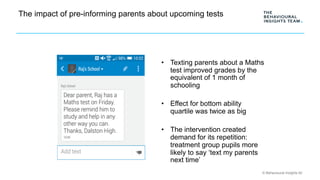 © Behavioural Insights ltd
The impact of pre-informing parents about upcoming tests
•  Texting parents about a Maths
test ...