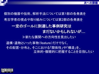 次への課題
個別の機器や技術、解析手法については第1部の各発表を
考古学者の視点や取り組みについては第2部の各発表を
一定のゴールに到達した事例研究は
まだないかもしれないが…
≫新たな展開への方向性を見出したい
遺構・遺物といった事物（feature）だけでなく、
その配置・分布と、そこにおける「関係性」や「構造」を、
立体的・複眼的に把握することを目指したい
 
