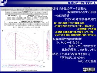 複雑なデータを要約する
複雑で多量のデータを要約、
客観的に記述する手段
⇒統計解析
すなわち考古学者の鬼門
例）旧石器時代の石器集中部
・石器分布の広がり（まとまり・散らばり）
⇒規格楕円で表現
・点間最近隣距離も集中度を示す尺度
・3Dの分布傾向は重回帰分散分析でetc.
多数の属性情報の解析
≫パッケージ化され、
解析～グラフ作成まで
比較的簡単にできるソフトも
結局、「どのような属性を扱い」
「何を知りたいのか」
がもっとも重要
 