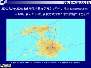 もうひとつの道：見える化
3Dのものを3Dのまま表示する方が分かりやすい場合も（市川発表も参照）
⇒解析・表示の手段、表現方法はまだまだ課題ではあるが
参考図：細分層位DEMデータ（50cmメッシュ）にもとづくボクセル中の遺物分布頻度と接合関係
 