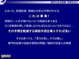 何のための技術・手段なのか
とはいえ、詳細記録、微細な分析は手間がかかる
こ れ は 事 実 !
時間が／人手が割けないという局面は多々ある
そこを無理を押して実施しなければならないというのではなく…
その手間を軽減する補助手段を導入すれば良い
そうは言っても…「言うは易し、行うは難し」
専門的知識や技能の習熟の問題／補助手段導入の障壁
 