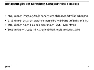 Testleistungen der Schweizer Schüler/innen: Beispiele
• 16% können Phishing-Mails anhand der Absender-Adresse erkennen
• 37% können erklären, warum unpersönliche E-Mails gefährlicher sind
• 49% können einen Link aus einer reinen Text-E-Mail öffnen
• 80% verstehen, dass mit CC eine E-Mail Kopie verschickt wird
6
 