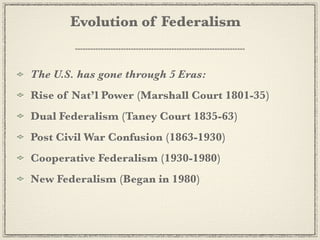 Evolution of Federalism


The U.S. has gone through 5 Eras:
Rise of Nat’l Power (Marshall Court 1801-35)
Dual Federalism (Taney Court 1835-63)
Post Civil War Confusion (1863-1930)
Cooperative Federalism (1930-1980)
New Federalism (Began in 1980)
 