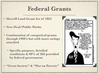 Federal Grants
Morrill Land Grant Act of 1862

New Deal/Public Works

Continuation of categorical grants
through 1960’s but with more strings
attached

  Speciﬁc purpose, detailed
  conditions & 90% of $$$ provided
  by federal government

“Great Society” & “War on Poverty”
 