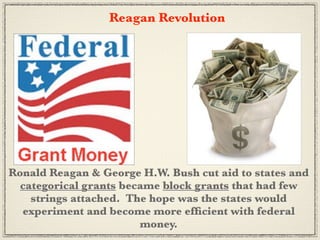 Reagan Revolution




Ronald Reagan & George H.W. Bush cut aid to states and
  categorical grants became block grants that had few
    strings attached. The hope was the states would
  experiment and become more efﬁcient with federal
                        money.
 
