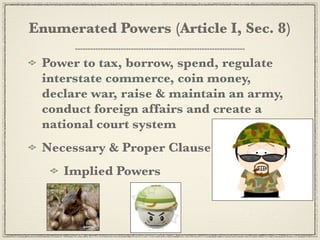 Enumerated Powers (Article I, Sec. 8)

 Power to tax, borrow, spend, regulate
 interstate commerce, coin money,
 declare war, raise & maintain an army,
 conduct foreign affairs and create a
 national court system
 Necessary & Proper Clause
    Implied Powers
 