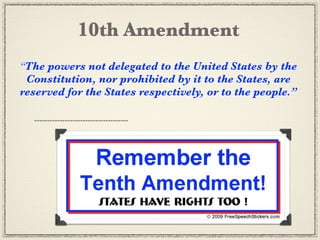 10th Amendment
“The powers not delegated to the United States by the
 Constitution, nor prohibited by it to the States, are
reserved for the States respectively, or to the people.”
 