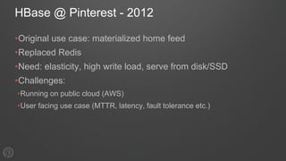 HBase @ Pinterest - 2012
•Original use case: materialized home feed
•Replaced Redis
•Need: elasticity, high write load, se...