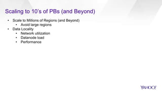 Scaling to 10’s of PBs (and Beyond)
• Scale to Millions of Regions (and Beyond)
• Avoid large regions
• Data Locality
• Network utilization
• Datanode load
• Performance
 
