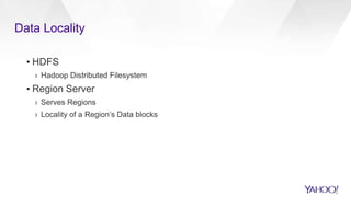 Data Locality
▪ HDFS
› Hadoop Distributed Filesystem
▪ Region Server
› Serves Regions
› Locality of a Region’s Data blocks
 