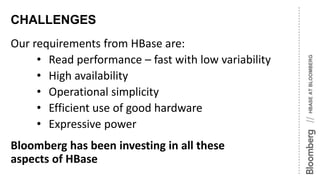 HBASEATBLOOMBERG//
CHALLENGES
Our requirements from HBase are:
• Read performance – fast with low variability
• High availability
• Operational simplicity
• Efficient use of good hardware
• Expressive power
Bloomberg has been investing in all these
aspects of HBase
 