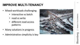 HBASEATBLOOMBERG//
IMPROVE MULTI-TENANCY
18
• Mixed workloads challenging
• interactive vs batch
• read vs write
• different read access
patterns
• Many solutions in progress
• Administrative simplicity is key
 