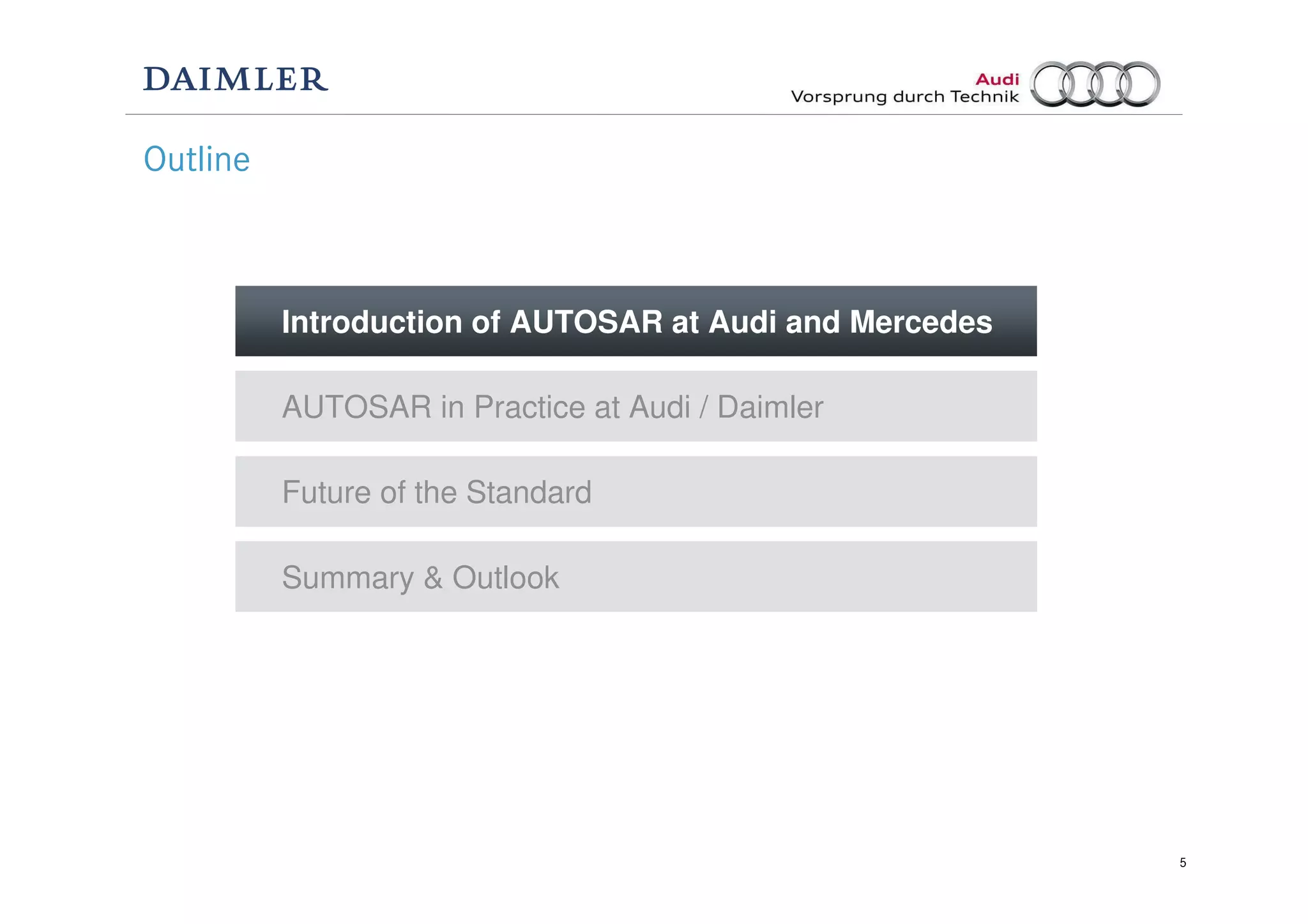 5
Future of the Standard
Introduction of AUTOSAR at Audi and Mercedes
AUTOSAR in Practice at Audi / Daimler
Summary & Outlook
Outline
 