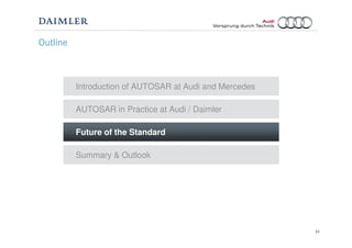 23
Outline
Future of the Standard
Introduction of AUTOSAR at Audi and Mercedes
AUTOSAR in Practice at Audi / Daimler
Summary & Outlook
 