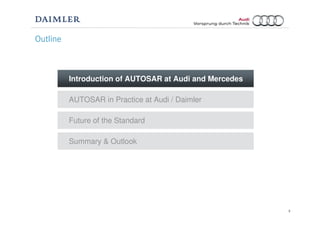 5
Future of the Standard
Introduction of AUTOSAR at Audi and Mercedes
AUTOSAR in Practice at Audi / Daimler
Summary & Outlook
Outline
 