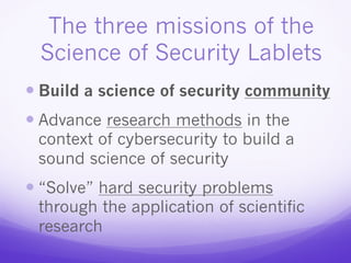 Lablet (4)National Security Agency
NCSU
UIUC
CMU
NSAUMD
Science of Security Lablets
 