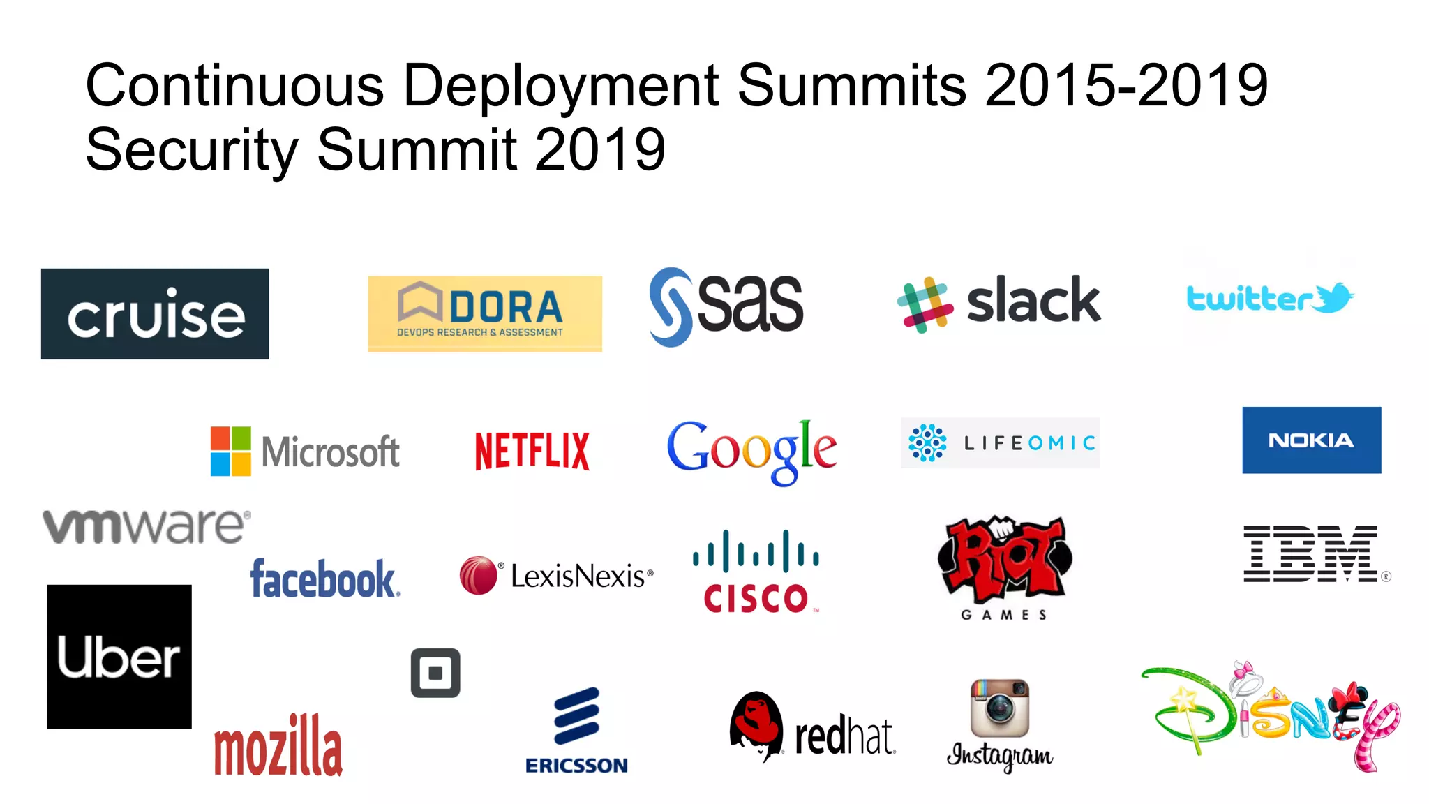 Continuous Deployment Summits 2015-2019
Security Summit 2019
 