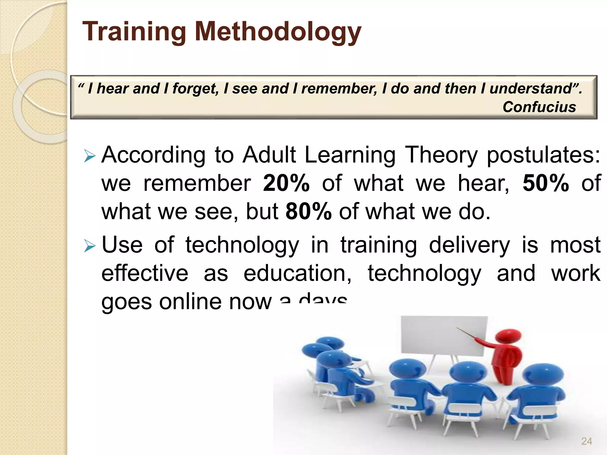 Training Methodology 
“ I hear and I forget, I see and I remember, I do and then I understand”. 
 According to Adult Learning Theory postulates: 
we remember 20% of what we hear, 50% of 
what we see, but 80% of what we do. 
 Use of technology in training delivery is most 
effective as education, technology and work 
goes online now a days. 
24 
Confucius 
 