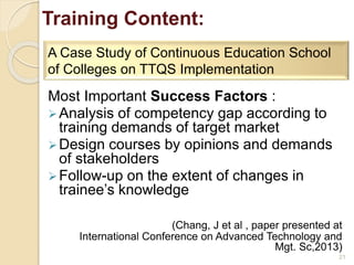 Most Important Success Factors : 
Analysis of competency gap according to 
training demands of target market 
Design courses by opinions and demands 
of stakeholders 
 Follow-up on the extent of changes in 
trainee’s knowledge 
(Chang, J et al , paper presented at 
International Conference on Advanced Technology and 
Mgt. Sc,2013) 
21 
Training Content: 
A Case Study of Continuous Education School 
of Colleges on TTQS Implementation 
 