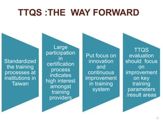 TTQS :THE WAY FORWARD 
37 
Standardized 
the training 
processes at 
institutions in 
Taiwan 
Large 
participation 
in 
certification 
process 
indicates 
high interest 
amongst 
training 
providers 
Put focus on 
innovation 
and 
continuous 
improvement 
in training 
system 
TTQS 
evaluation 
should focus 
on 
improvement 
on key 
training 
parameters 
/result areas 
 