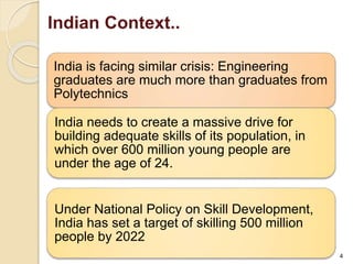 4 
Indian Context.. 
India is facing similar crisis: Engineering 
graduates are much more than graduates from 
Polytechnics 
India needs to create a massive drive for 
building adequate skills of its population, in 
which over 600 million young people are 
under the age of 24. 
Under National Policy on Skill Development, 
India has set a target of skilling 500 million 
people by 2022 
 