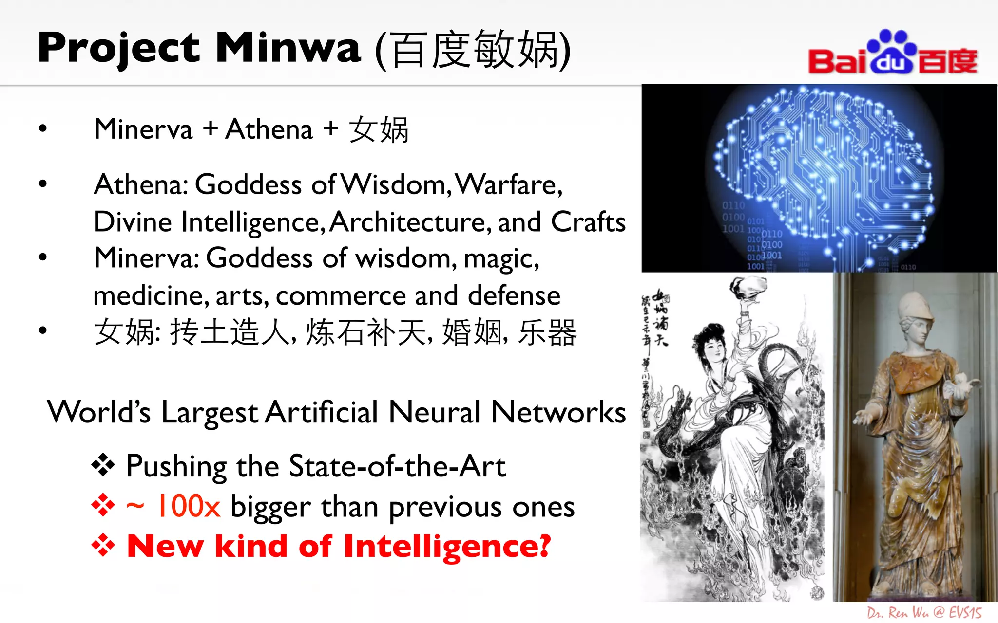 Project Minwa (百度敏娲)	

•  Minerva + Athena + ⼥女娲	

•  Athena: Goddess of Wisdom,Warfare,
Divine Intelligence,Architecture, and Crafts	

•  Minerva: Goddess of wisdom, magic,
medicine, arts, commerce and defense	

•  ⼥女娲: 抟⼟土造⼈人, 炼⽯石补天, 婚姻, 乐器	

	

World’s Largest Artiﬁcial Neural Networks	

	

v Pushing the State-of-the-Art	

v ~ 100x bigger than previous ones	

v New kind of Intelligence? 	

 
