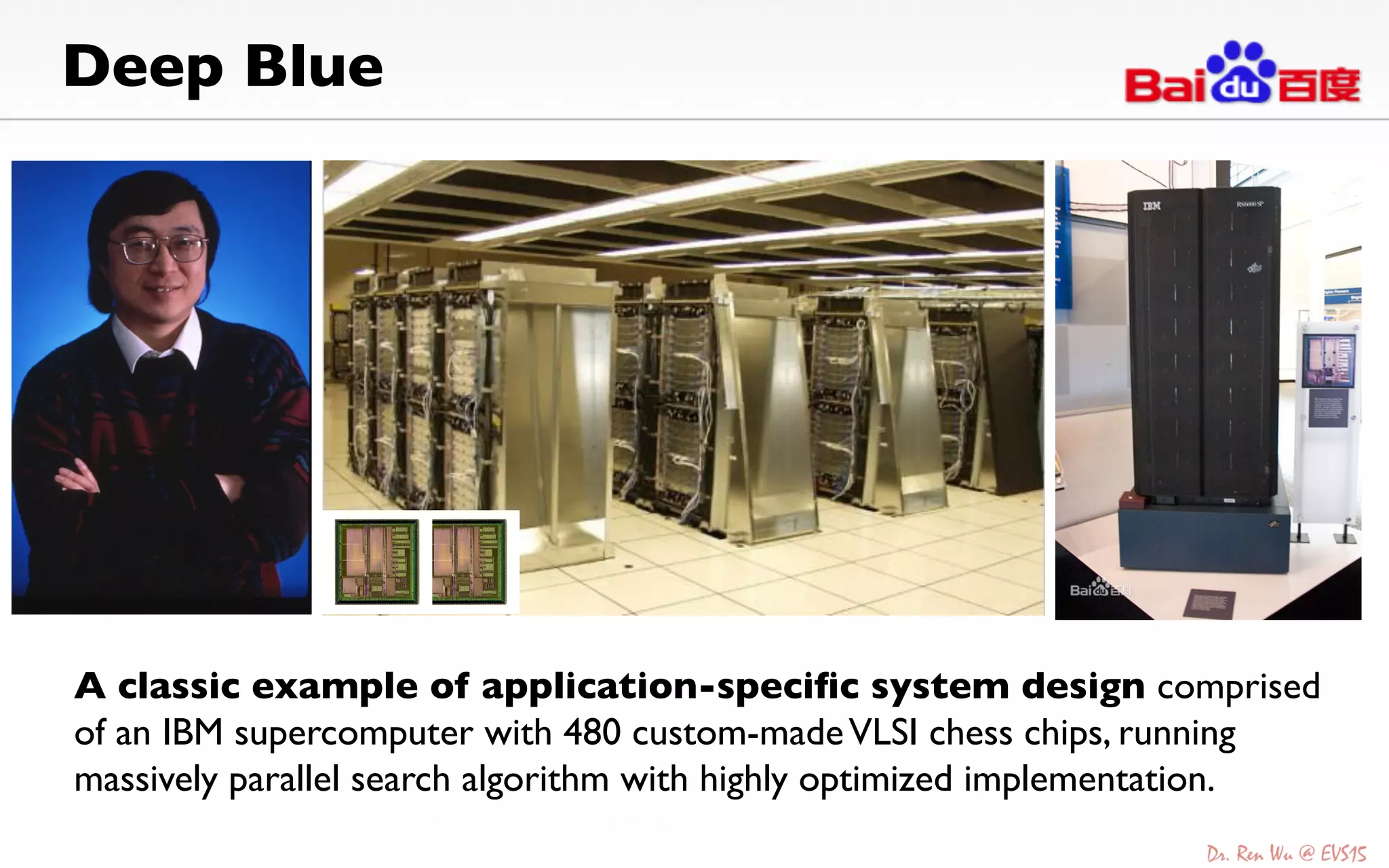 Deep Blue	

A classic example of application-speciﬁc system design comprised
of an IBM supercomputer with 480 custom-madeVLSI chess chips, running
massively parallel search algorithm with highly optimized implementation.	

 