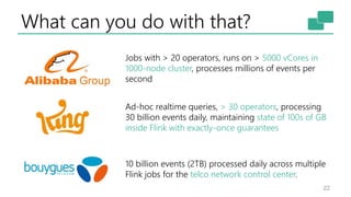 What can you do with that?
22
10 billion events (2TB) processed daily across multiple
Flink jobs for the telco network control center.
Ad-hoc realtime queries, > 30 operators, processing
30 billion events daily, maintaining state of 100s of GB
inside Flink with exactly-once guarantees
Jobs with > 20 operators, runs on > 5000 vCores in
1000-node cluster, processes millions of events per
second
 