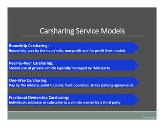 Carsharing  Service  Models
©	
  UC	
  Berkeley,	
  2015	
  
Roundtrip	
  Carsharing:	
  	
  
Round	
  trip,	
  pay	
  by	
  the	
  hour/mile,	
  non-­‐proﬁt	
  and	
  for	
  proﬁt	
  ﬂeet	
  models	
  
Peer-­‐to-­‐Peer	
  Carsharing:	
  	
  
Shared	
  use	
  of	
  private	
  vehicle	
  typically	
  managed	
  by	
  third	
  party	
  
One-­‐Way	
  Carsharing:	
  	
  
Pay	
  by	
  the	
  minute,	
  point	
  to	
  point,	
  ﬂeet	
  operated,	
  street	
  parking	
  agreements	
  
FracDonal	
  Ownership	
  Carsharing:	
  	
  
Individuals	
  sublease	
  or	
  subscribe	
  to	
  a	
  vehicle	
  owned	
  by	
  a	
  third	
  party	
  
 