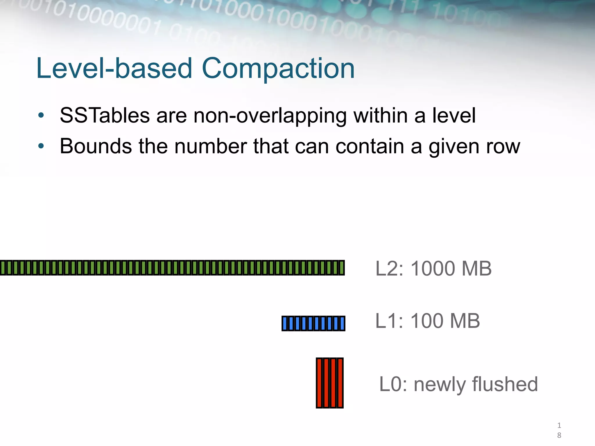 Level-based Compaction
•  SSTables are non-overlapping within a level
•  Bounds the number that can contain a given row




                                  L2: 1000 MB

                                  L1: 100 MB


                                  L0: newly flushed
                                                      1
                                                      8	
  
 