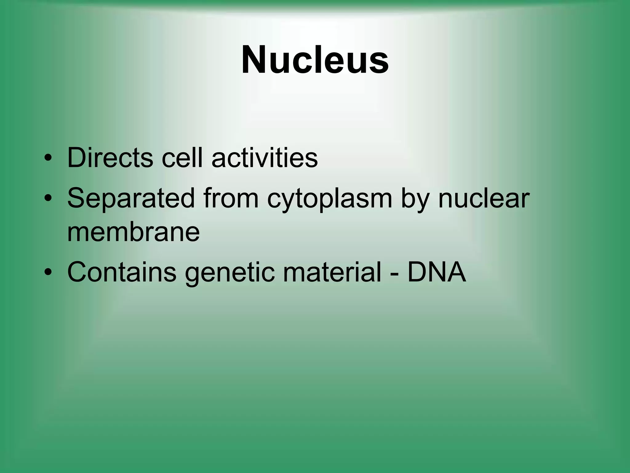 NucleusDirects cell activitiesSeparated from cytoplasm by nuclear membraneContains genetic material - DNA