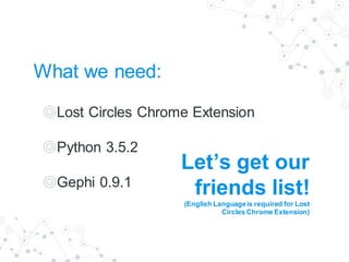 What we need:
◎Lost Circles Chrome Extension
◎Python 3.5.2
◎Gephi 0.9.1
Let’s get our
friends list!
(English Languageis re...