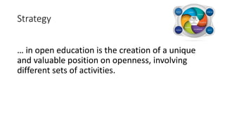 Strategy
… in open education is the creation of a unique
and valuable position on openness, involving
different sets of activities.
 