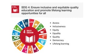 • Access
• Inclusiveness
• Equity
• Equality
• Quality
• Democracy
• Lifelong learning
 