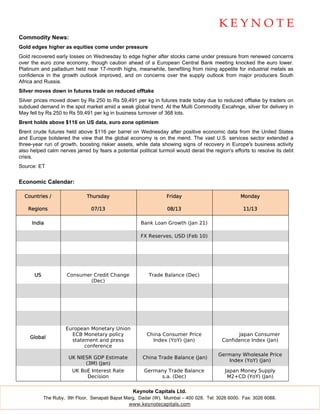 Commodity News:
Gold edges higher as equities come under pressure
Gold recovered early losses on Wednesday to edge higher after stocks came under pressure from renewed concerns
over the euro zone economy, though caution ahead of a European Central Bank meeting knocked the euro lower.
Platinum and palladium held near 17-month highs, meanwhile, benefiting from rising appetite for industrial metals as
confidence in the growth outlook improved, and on concerns over the supply outlook from major producers South
Africa and Russia.
Silver moves down in futures trade on reduced offtake
Silver prices moved down by Rs 250 to Rs 59,491 per kg in futures trade today due to reduced offtake by traders on
subdued demand in the spot market amid a weak global trend. At the Multi Commodity Excahnge, silver for delivery in
May fell by Rs 250 to Rs 59,491 per kg in business turnover of 368 lots.
Brent holds above $116 on US data, euro zone optimism
Brent crude futures held above $116 per barrel on Wednesday after positive economic data from the United States
and Europe bolstered the view that the global economy is on the mend. The vast U.S. services sector extended a
three-year run of growth, boosting riskier assets, while data showing signs of recovery in Europe's business activity
also helped calm nerves jarred by fears a potential political turmoil would derail the region's efforts to resolve its debt
crisis.
Source: ET


Economic Calendar:

  Countries /                  Thursday                           Friday                           Monday

    Regions                     07/13                             08/13                             11/13

     India                                            Bank Loan Growth (Jan 21)

                                                      FX Reserves, USD (Feb 10)




       US             Consumer Credit Change              Trade Balance (Dec)
                              (Dec)




                     European Monetary Union
                       ECB Monetary policy               China Consumer Price                    Japan Consumer
     Global
                       statement and press                 Index (YoY) (Jan)               Confidence Index (Jan)
                            conference
                                                                                         Germany Wholesale Price
                       UK NIESR GDP Estimate           China Trade Balance (Jan)
                                                                                            Index (YoY) (Jan)
                             (3M) (Jan)
                        UK BoE Interest Rate            Germany Trade Balance               Japan Money Supply
                             Decision                        s.a. (Dec)                      M2+CD (YoY) (Jan)


                                                   Keynote Capitals Ltd.
            The Ruby, 9th Floor, Senapati Bapat Marg, Dadar (W), Mumbai – 400 028. Tel: 3026 6000. Fax: 3026 6088.
                                                  www.keynotecapitals.com
 