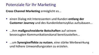 Potenziale für Ihr Marketing
Cross Channel Marketing ermöglicht es...
 einen Dialog mit Interessenten und Kunden entlang der
Customer Journey und des Kundenlebenszyklus aufzubauen...
 ...ihm maßgeschneiderte Botschaften auf seinem
bevorzugten Kommunikationskanal bereitzustellen...
 ...um Synergieeffekte zu nutzen, eine stärke Werbewirkung
und höhere Umwandlungsraten zu erzielen.
8
 