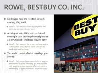 ROWE, BESTBUY CO. INC.
Employees have the freedom to work
any way they want
 Benefit: Each person succeeds by completing their
 job in the way that is best for them.

Arriving at 2:00 PM is not considered
coming in late. Leaving the workplace at
2:00 PM is not considered leaving early
 Benefit: Each person is free to start and stop work at
 will and there is no judgment about when you do
 work or personal activities

You are in control of what meetings you
attend
 Benefit: Each person has a responsibility to question
 the intended outcome a meeting, if a meeting is the
 only way to drive that outcome, what their role is in
 the meeting, or if their attendance is even necessary.
 