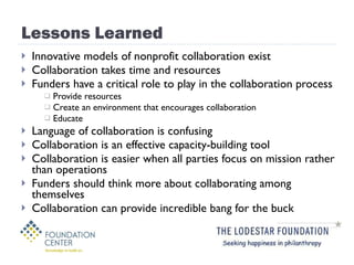 Lessons Learned Innovative models of nonprofit collaboration exist Collaboration takes time and resources Funders have a critical role to play in the collaboration process Provide resources Create an environment that encourages collaboration Educate Language of collaboration is confusing Collaboration is an effective capacity-building tool Collaboration is easier when all parties focus on mission rather than operations Funders should think more about collaborating among themselves Collaboration can provide incredible bang for the buck 
