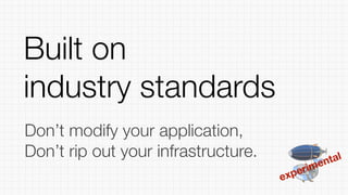 experimental
Don’t modify your application,
Don’t rip out your infrastructure.
Built on
industry standards
 