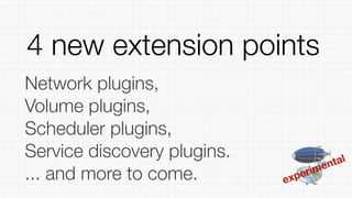 4 new extension points
Network plugins,
Volume plugins,
Scheduler plugins,
Service discovery plugins.
... and more to come. experimental
 