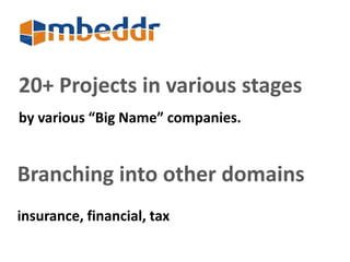 20+ Projects in various stages 
by various “Big Name” companies. 
Branching into other domains 
insurance, financial, tax 
 